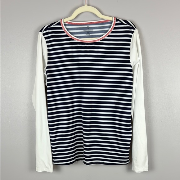 Lands’ End UPF 50 Rash Guard Blue and White Striped Shirt with Red Trim Size 0X - Picture 2 of 8